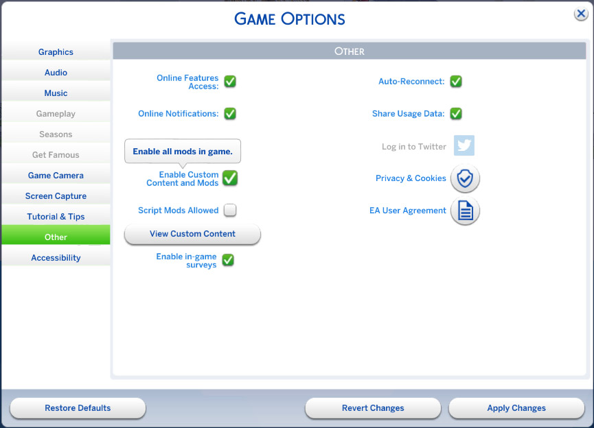 The sims 4 enable mods and cc